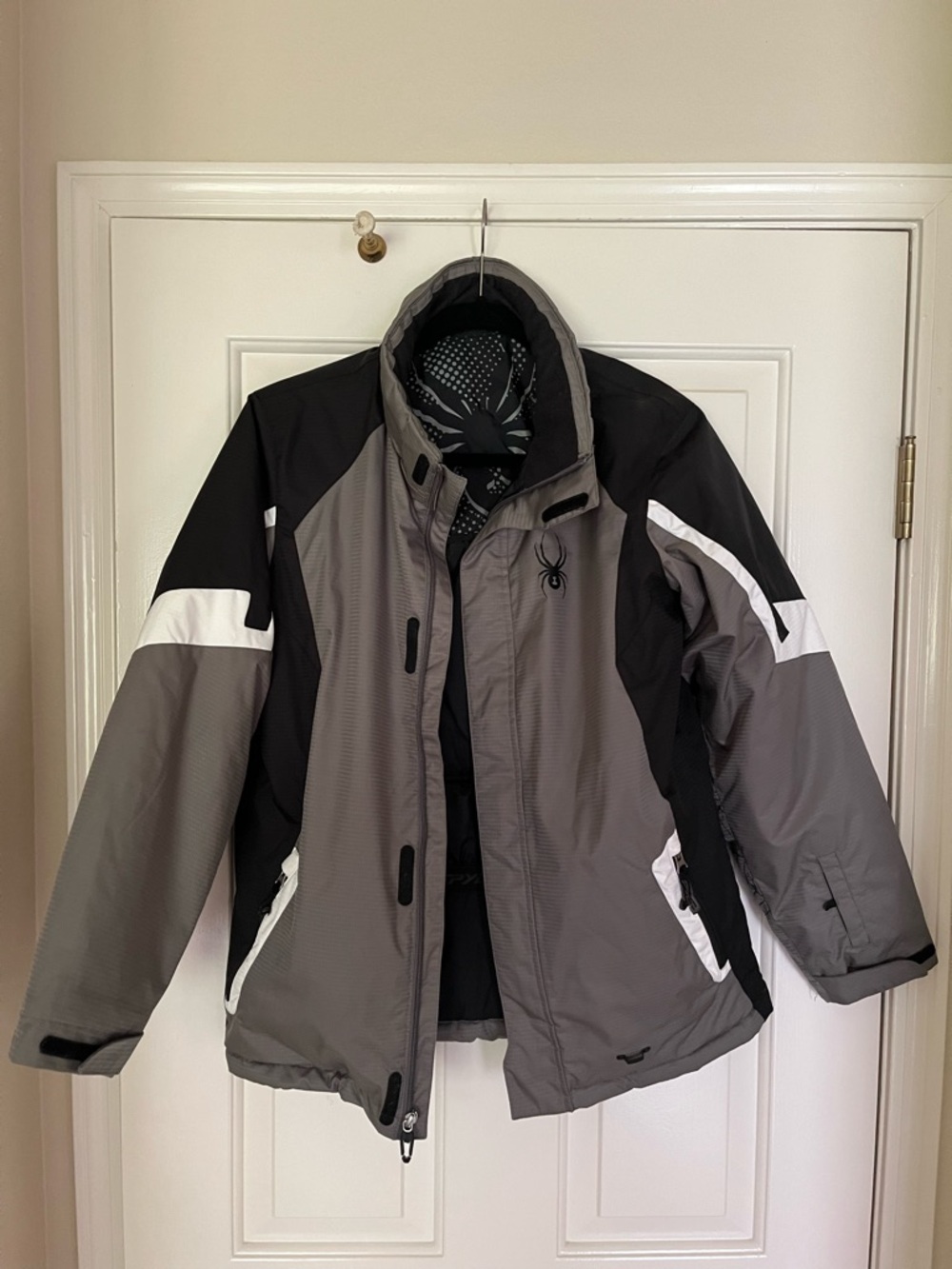Worn Once - Spyder Men's Black and Gray Ski Jacket with White Accents